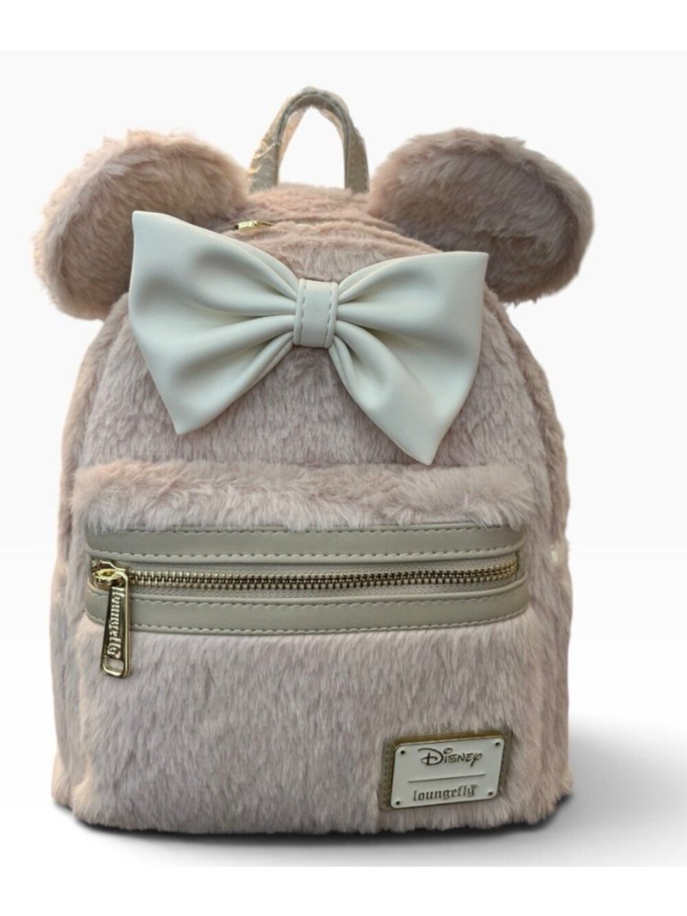 Loungefly Disney Beige Sherpa Plush Mini Backpack Minnie Mouse Bow NWT